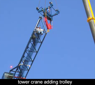This tower crane has a fixed horizontal boom. 